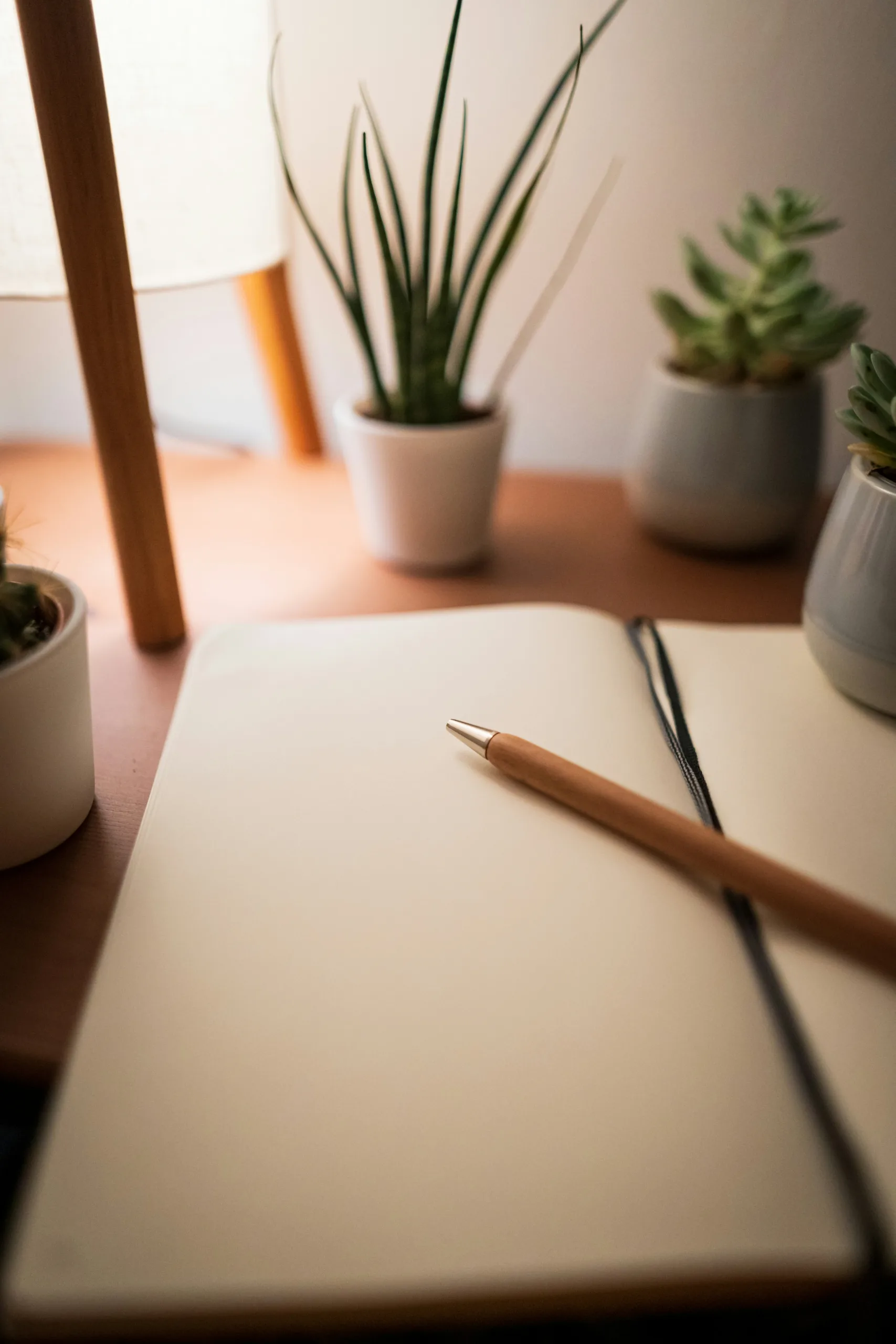 Blank page in a book on a desk.